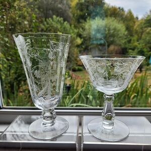 Heather Etch Glasses Set of 2 Iced Tea & Champagne Glass Footed Fostoria 1950s